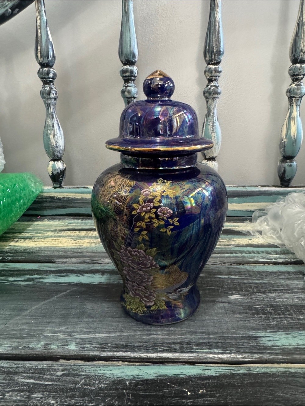 Blue Iridescent Floral Ceramic Ginger Jar with Lid